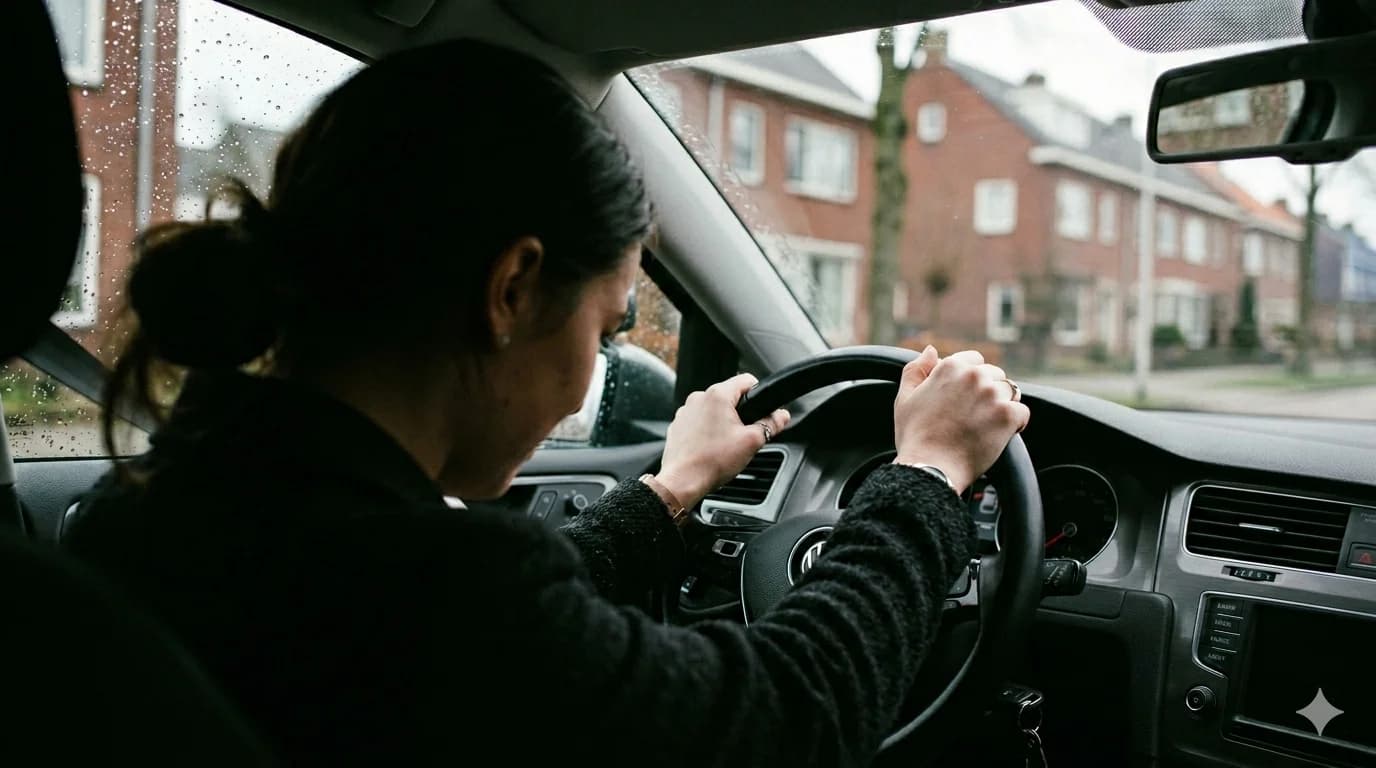 Leerling met beide handen stevig aan het stuur tijdens een rijles op een regenachtige dag