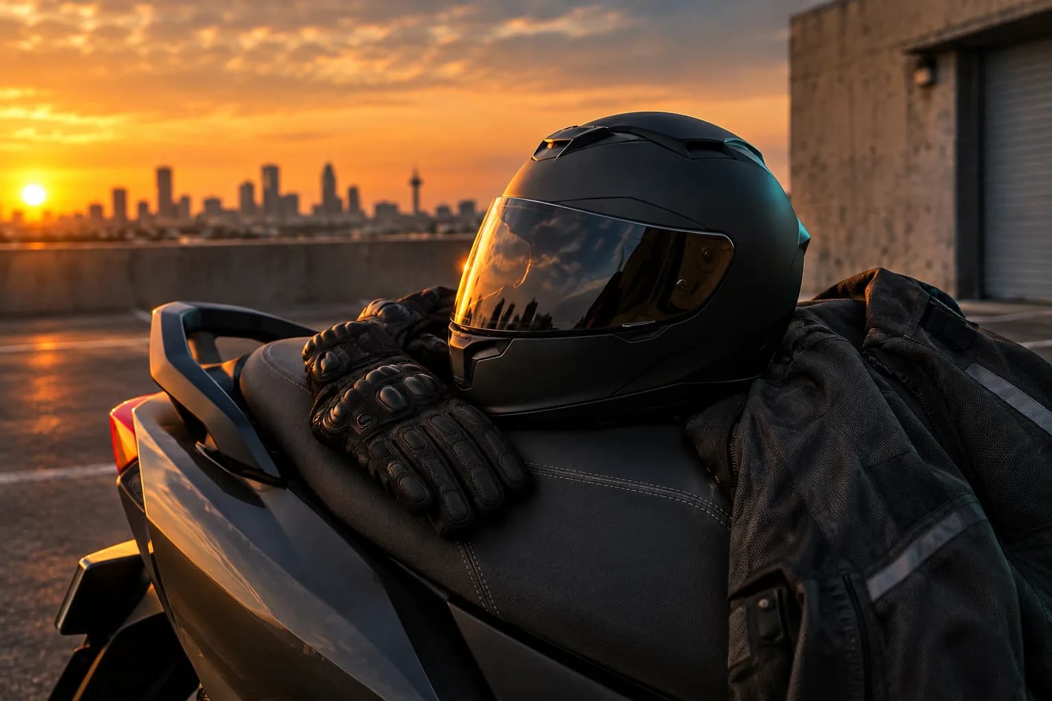 Helm, handschoenen en jas liggen klaar op de lesscooter